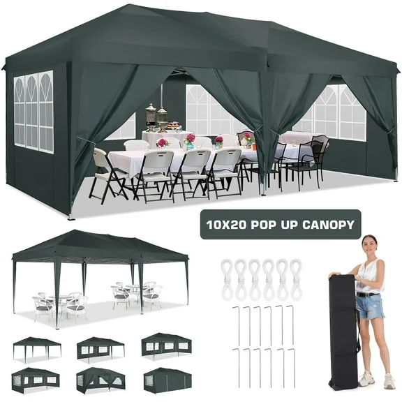 10' x 20' Pop up Canopy Commercial Instant Canopy Portable Outdoor Party Canopy with 6 Removable Sidewalls and Carry Bag, Gray