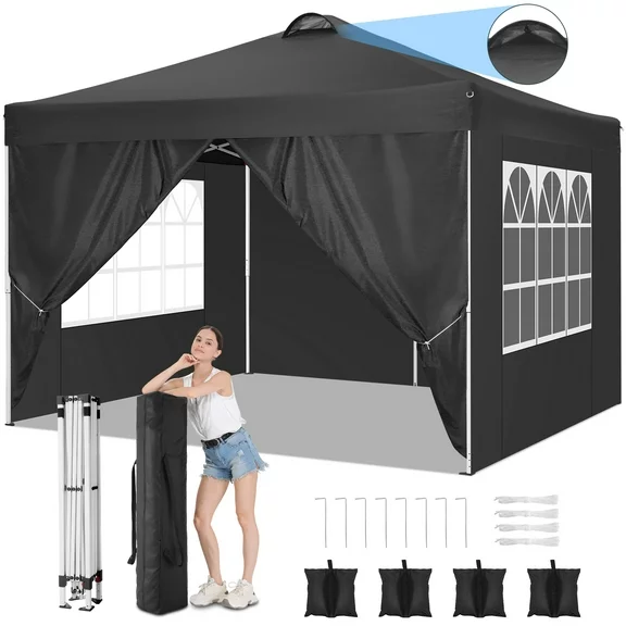 10'x10' EZ Pop Up Canopy with Top Vent, Large Commercial Tent, Waterproof and Sunproof with 4 Removable Sidewalls, Suitable for Weddings come with 4 Sandbags (Black)