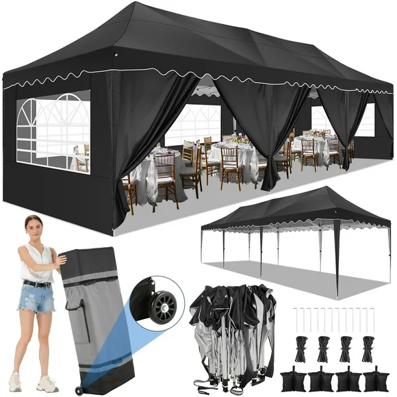 10'x30' EZ Outdoor Pop Up Canopy Tent, Waterproof and Sunproof Beach Canopy with 8 Removable Sidewalls, Heavy Duty Party Wedding Canopy, Height Adjustable Comes with 4 Sandbags, Rolling Bag (Black)