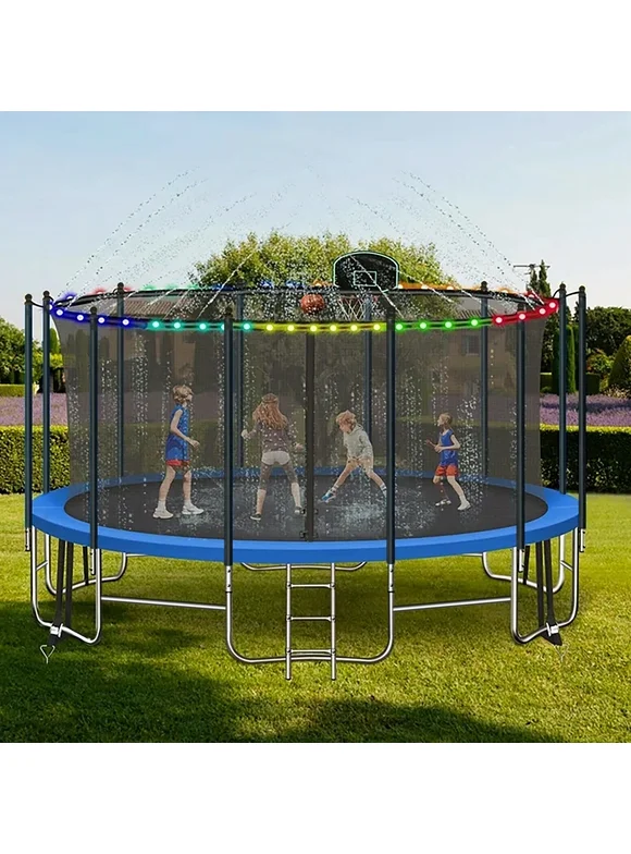 16FT Trampoline for 8-9 Kids Adults with Basketball Hoop, Ladder, Light, Sprinkler, Socks, ASTM Approved Outdoor Heavy Duty Recreational Trampoline