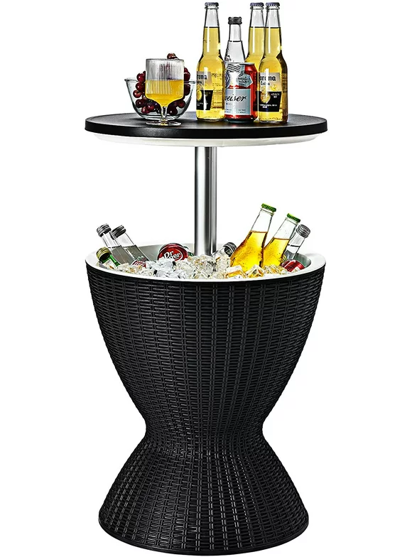 3-in-1 Cool Bar Table with 8 Gallon Beer & Wine Cooler, Rattan Style Patio Bar Tables, Height Adjustable Ice Cooler with Drainage Plug, Outdoor Cocktail Table for Deck Pool Party, Black