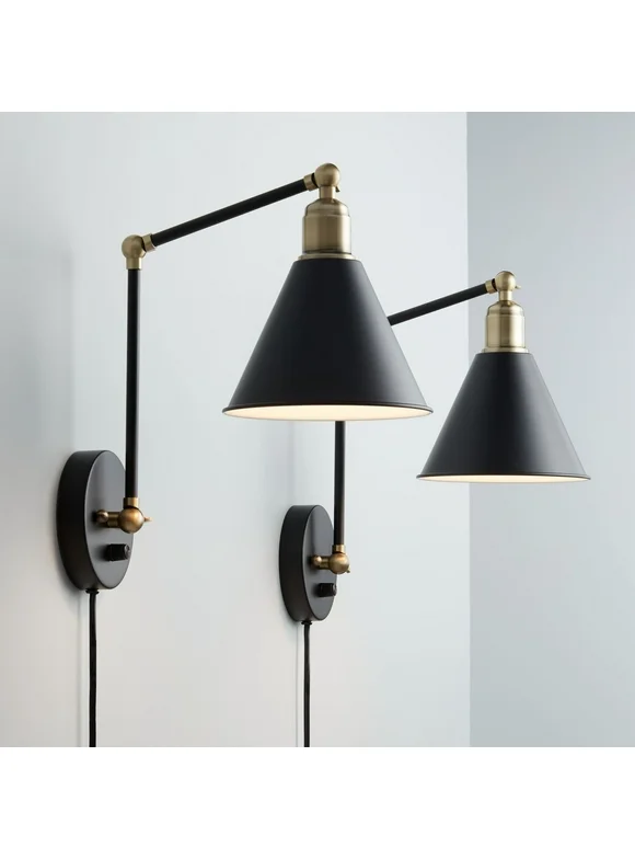 360 Lighting Wray Modern Wall Lamp Set of 2 Black Brass Plug-in 6" Light Fixture Up Down Adjustable Cone Shade for Bedroom Reading Living Room Hallway
