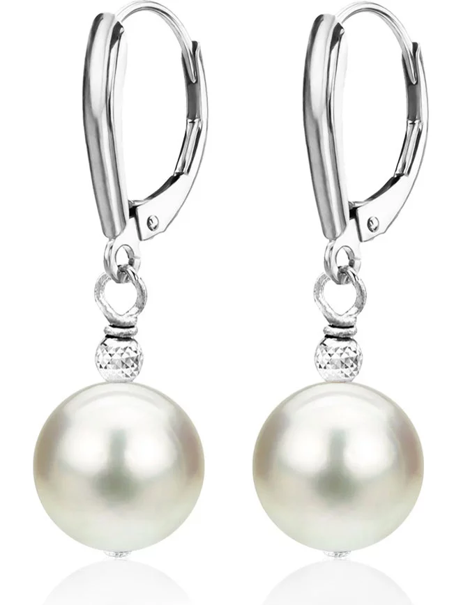 ADDURN 14Kt White gold White Freshwater Pearl with Pyramid Beads/Shield Lever Back Earring Earrings for Women - Various Pearl Sizes Available