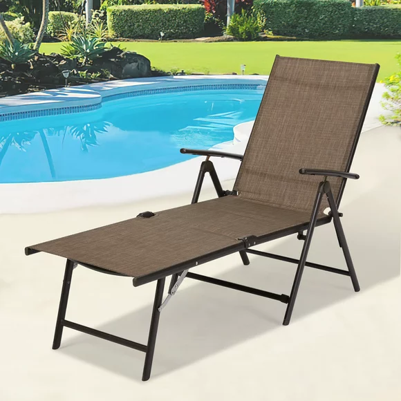 AECOJOY Outdoor Chaise Lounge Chair, Adjustable Reclining Folding Pool Lounge with Adjustable Backrest-Brown