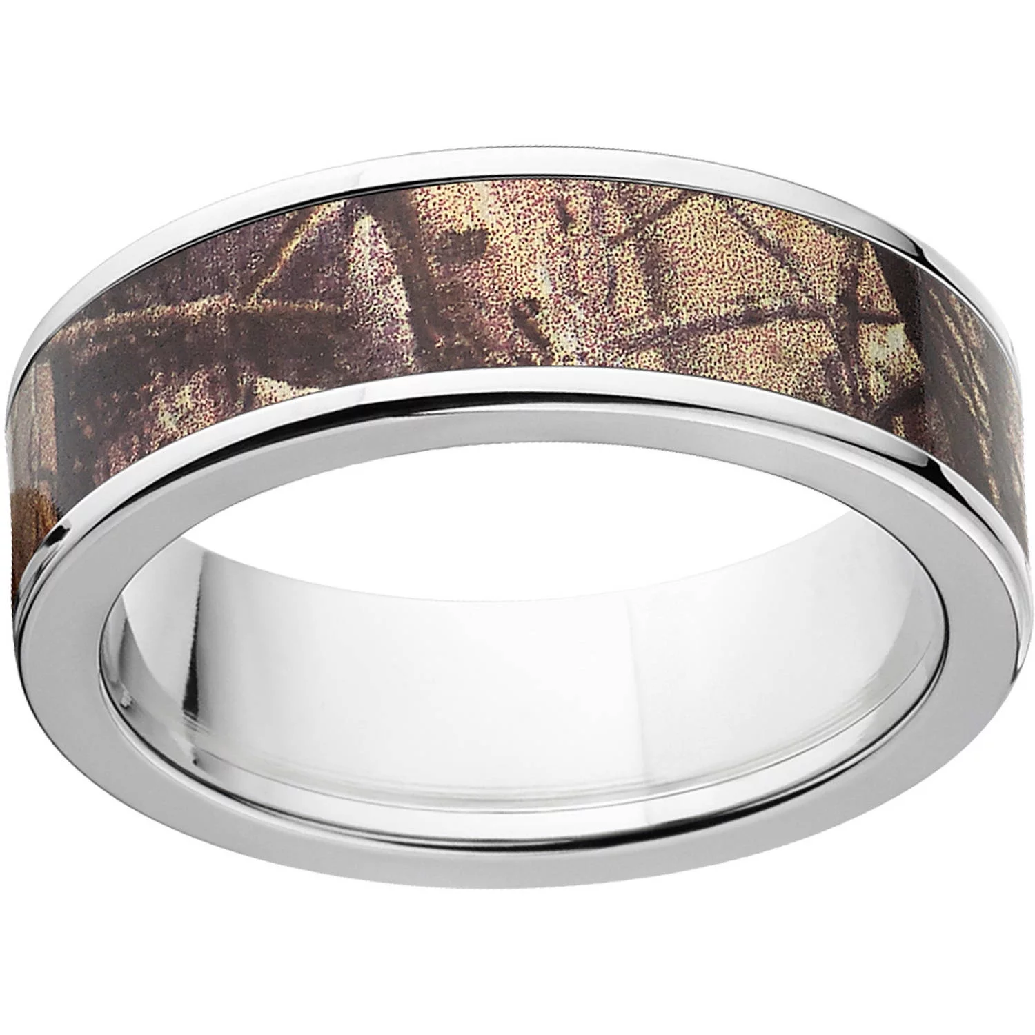 AP Men's Camo 7mm Stainless Steel Wedding Band with Polished Edges and Deluxe Comfort Fit