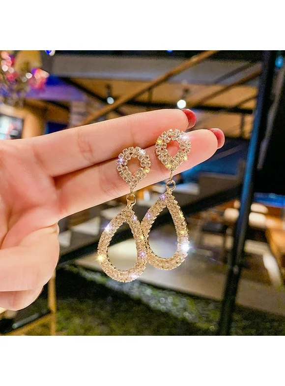 AkoaDa 1Pair Exaggerated Fashion Crystal Bridal Dangle Earrings For Women Silver Color Rhinestone Bride Wedding Circle Drop Earrings Fashion Jewelry