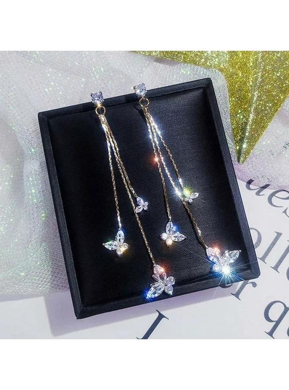 AkoaDa Shiny Three Butterfly Crystal Dangle Earring For Women Bijoux Long Tassel Chain Drop Earrings Statement Earrings Jewelry Gifts