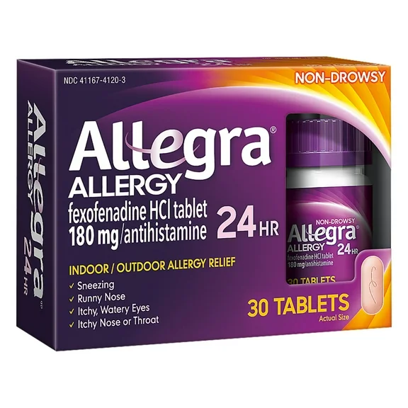 Allegra 24 Hour Non-Drowsy Antihistamine Medicine Tablets for Adult Allergy Relief, Fexofenadine, 180 mg, 30 Pills