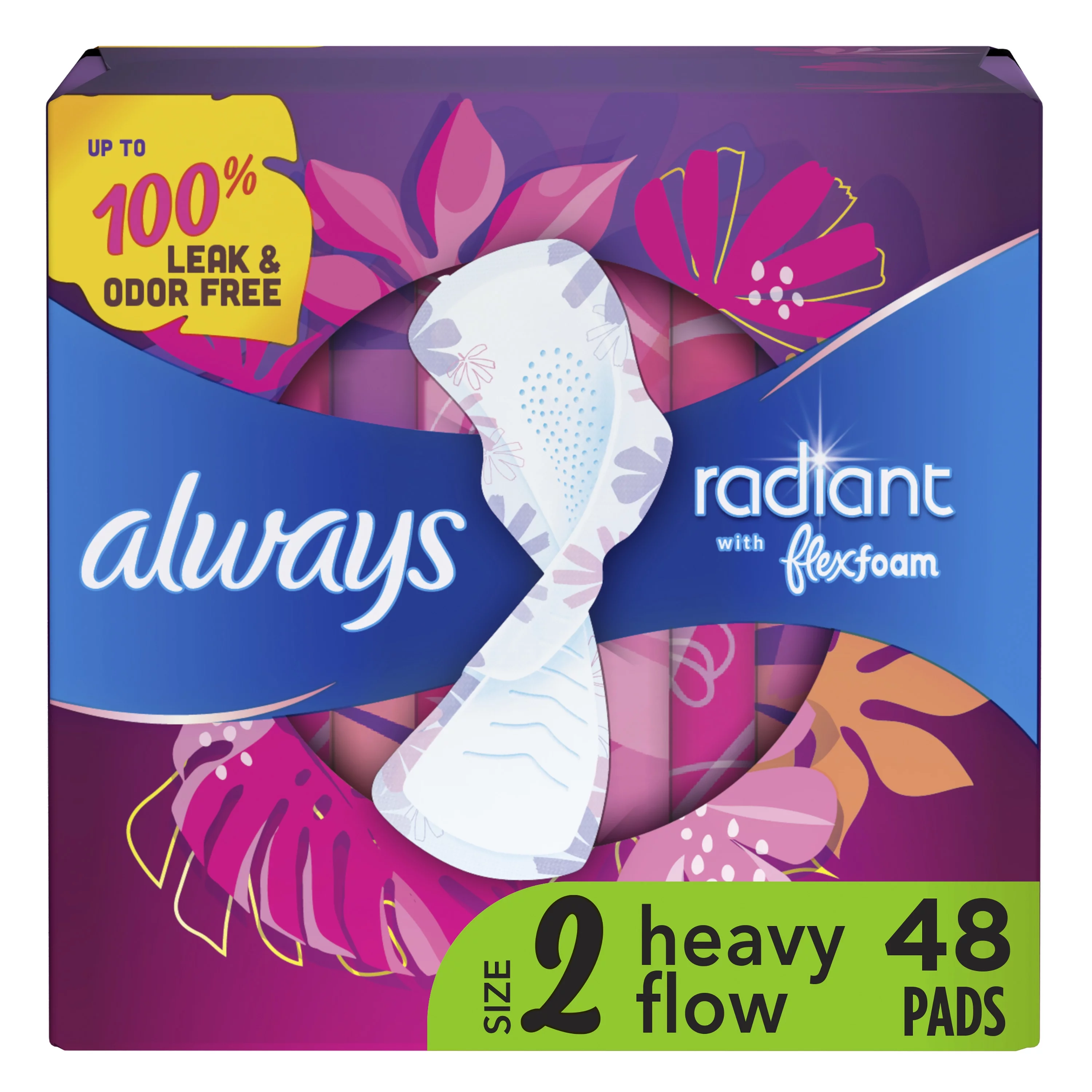 Always Radiant Feminine Pads, Size 2 Heavy, with Wings, Scented, 48 CT