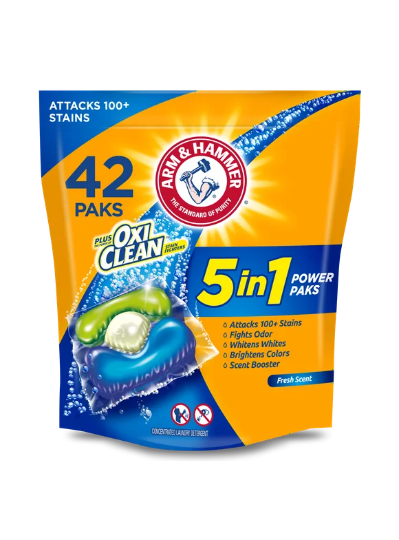 Arm & Hammer Plus OxiClean 5-in-1 Laundry Detergent Power Paks, 42 Count (Packaging may vary)