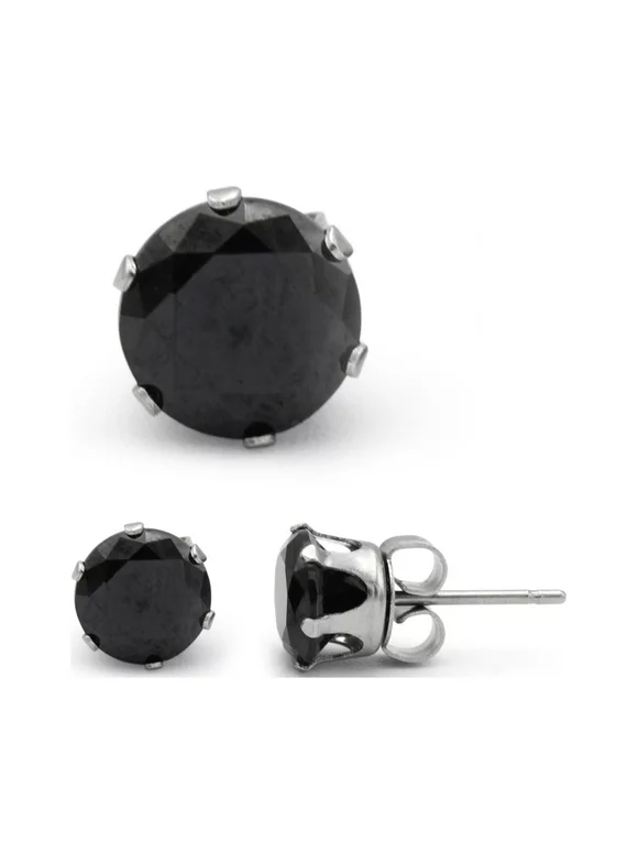 BEBERLINI Round Stud Earrings Black Cubic Zirconia Stainless Steel CZ Fashion Jewelry for Adult Female 10 mm