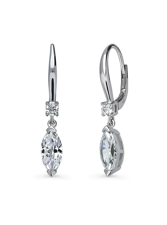 BERRICLE Sterling Silver Solitaire 2 Carat Marquise Cut Cubic Zirconia CZ Anniversary Leverback Dangle Drop Earrings for Women, Rhodium Plated