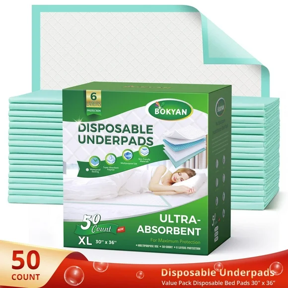 BOKYAN Bed Pads for Incontinence Disposable, 30 x 36 Waterproof Underpads, Maximum Absorbent Unisex Large Chucks Pad, Bed Liners Chux for Adults, Kids and Pets, XL (50 Count)