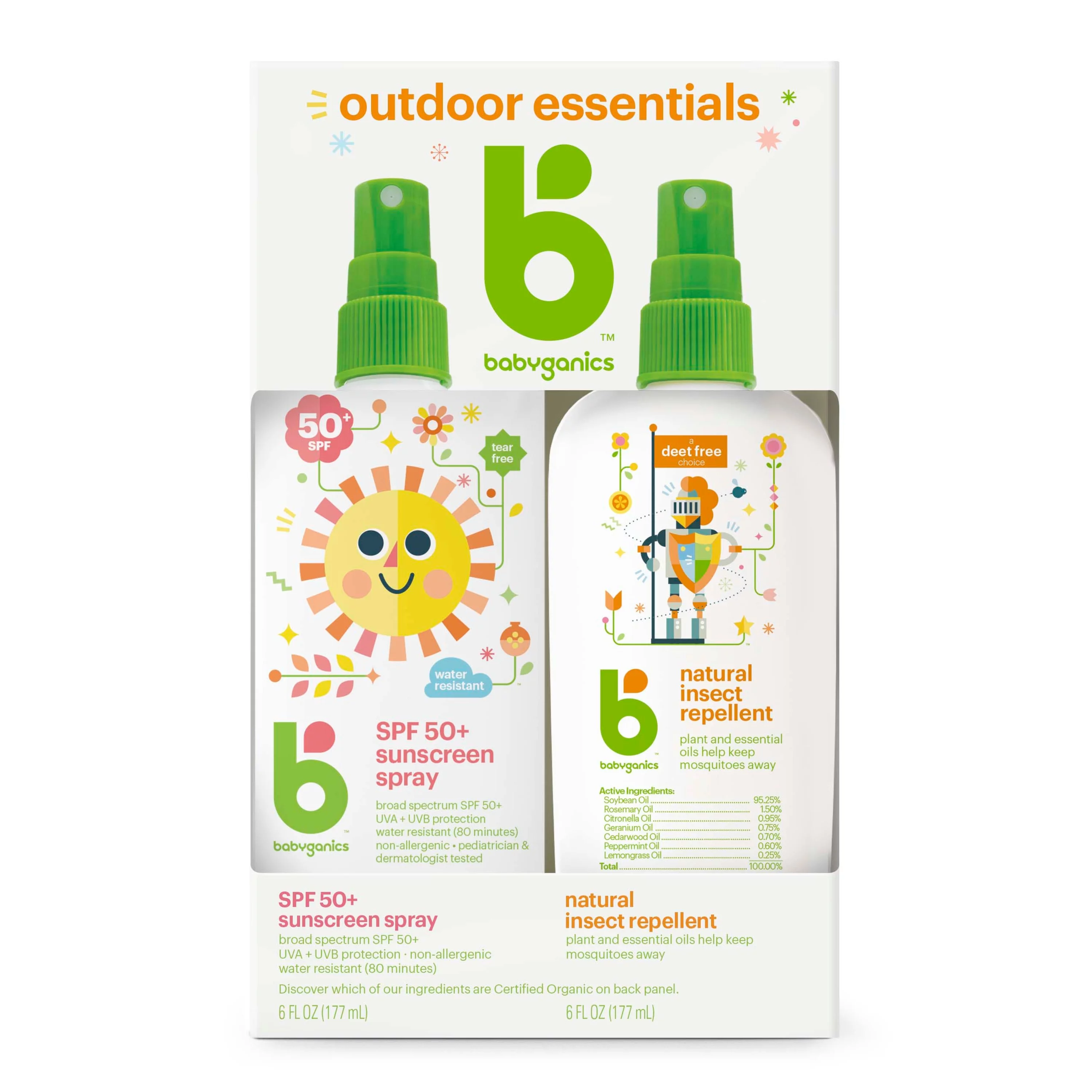 BabyGanics Sunscreen Spray 50 SPF and Bug Spray, 6 fl oz Each, Packaging May Vary