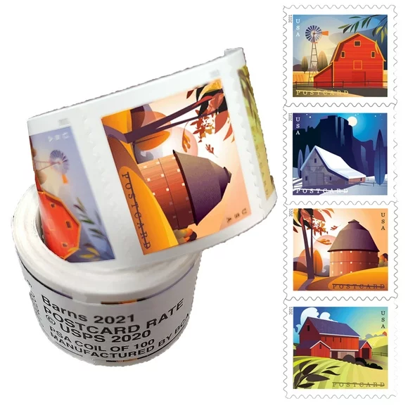 Barns "Postcard" USPS Postage Stamps - 1 Coil/Roll of 100 (100 stamps)