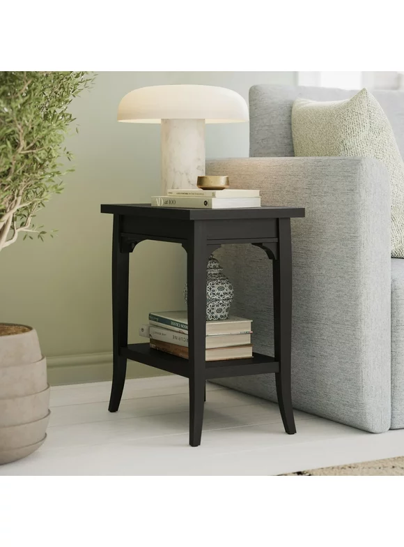 Beautiful Marais Side Table with Lower Shelf and Solid Wood Frame by Drew Barrymore, Rich Black Finish