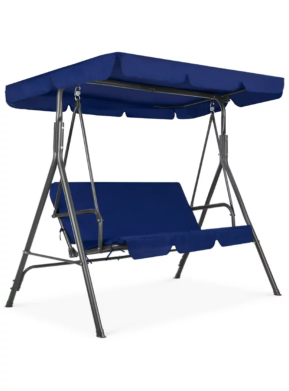 Best Choice Products 2-Person Outdoor Large Convertible Canopy Swing Glider Lounge Chair w/ Removable Cushions - Blue