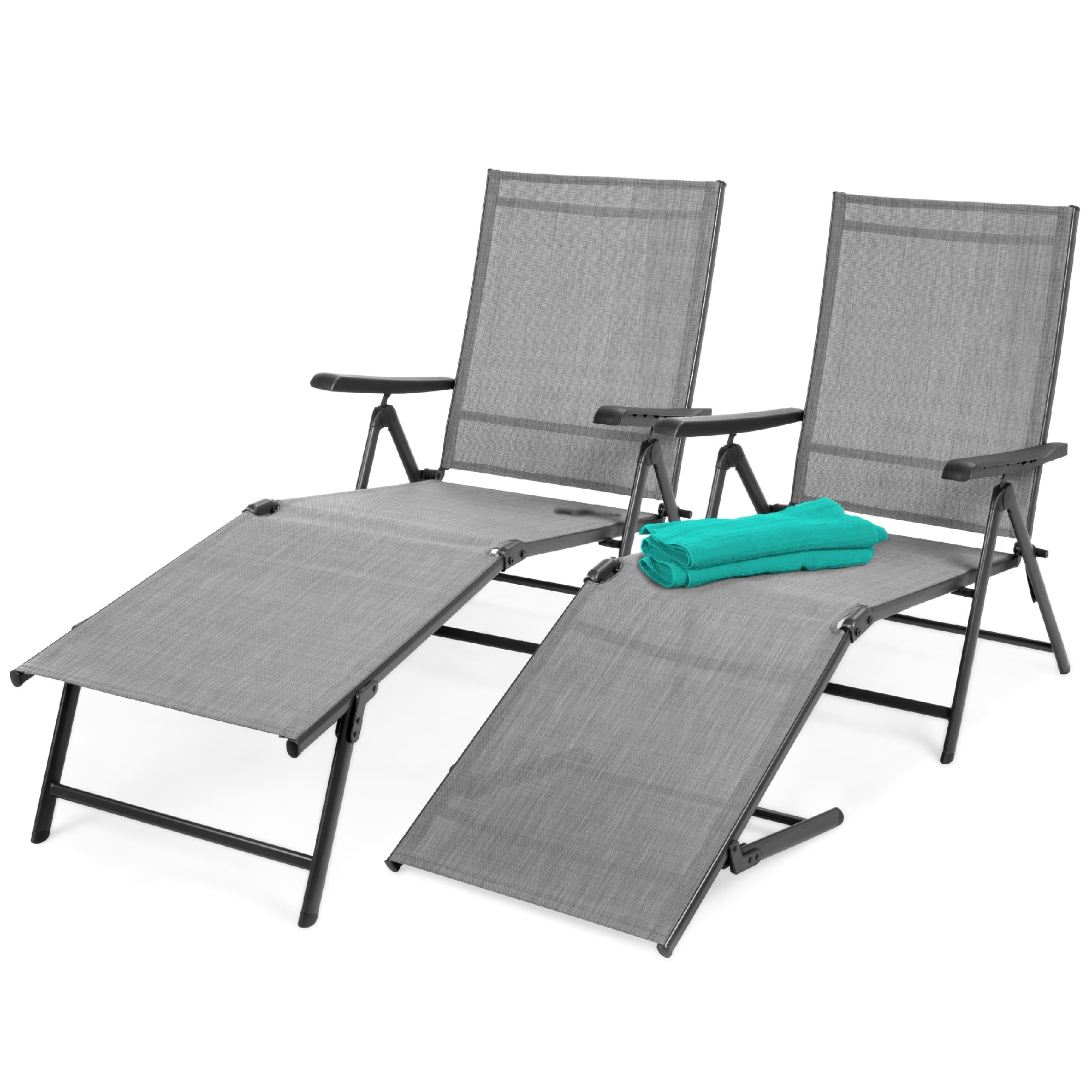Best Choice Products Set of 2 Outdoor Patio Chaise Lounge Chair Adjustable Folding Pool Lounger w/ Steel Frame - Gray