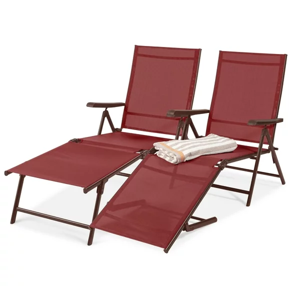 Best Choice Products Set of 2 Outdoor Patio Chaise Lounge Chair Adjustable Folding Pool Lounger w/ Steel Frame - Red