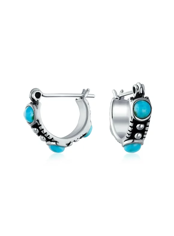 Bling Jewelry Blue Turquoise Bead Small Huggie Hoop Western Earrings Sterling Silver