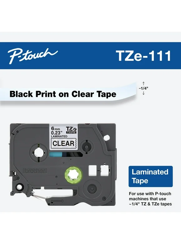 Brother Genuine P-touch TZE-111 Tape, 1/4" (0.23") Wide Standard Laminated Label Maker Tape, Black on Clear, 0.23 in. x 26.2 ft. (6mm x 8M), Single-Pack