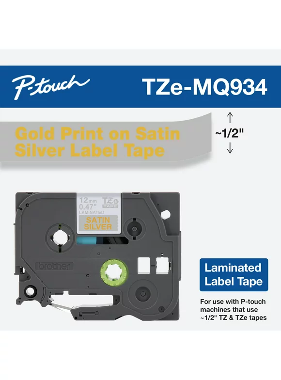 Brother Genuine P-touch TZE-MQ934 Tape, 1/2" (0.47") Standard Laminated Label Maker Tape, Gold on Satin Silver, 0.47 in. x 16.4 ft., TZEMQ934