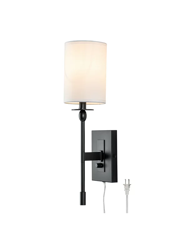 C Cattleya 1-Light Black Finish Fabric Shade Indoor Wall Sconce Hardwired/Plug-in with ON-OFF switch
