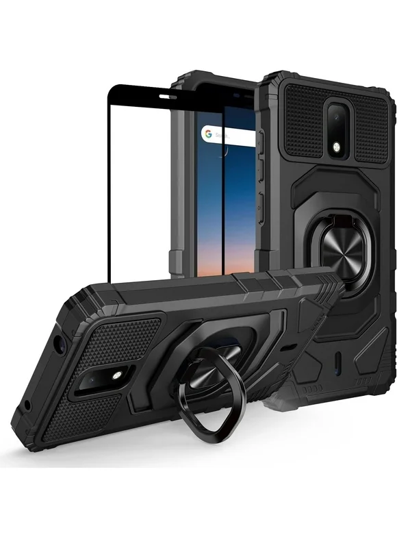 Case for BLU View 4 Case w/Tempered Glass Screen Protector [Military Grade] Ring Car Mount Kickstand Hard Phone Case for BLU View4 B135DL - Black