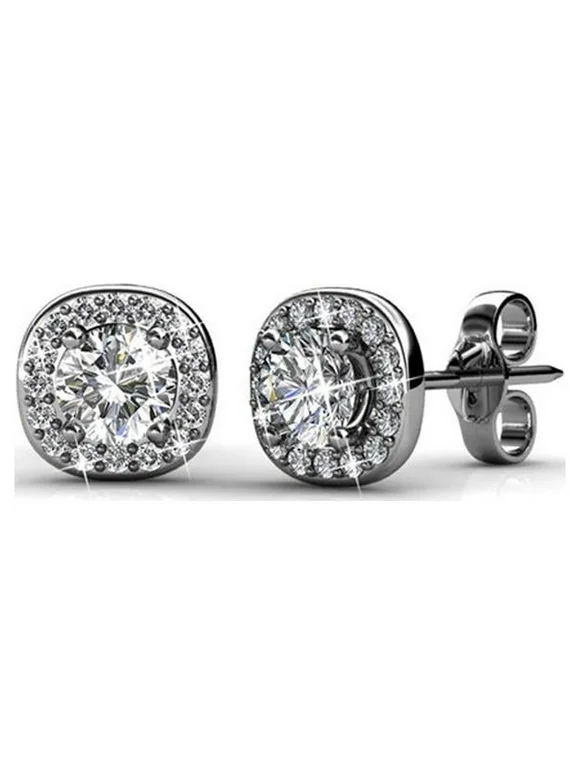 Cate & Chloe Ruth 18k White Gold Plated Silver Halo Stud Earrings | Round Cut Crystal Earrings for Women