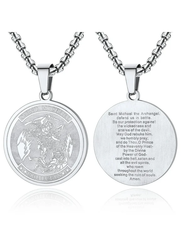 ChainsProMax Men Saint Michael Pendant Necklace Full Prayer Stainless Steel Protection Archangel Medallion