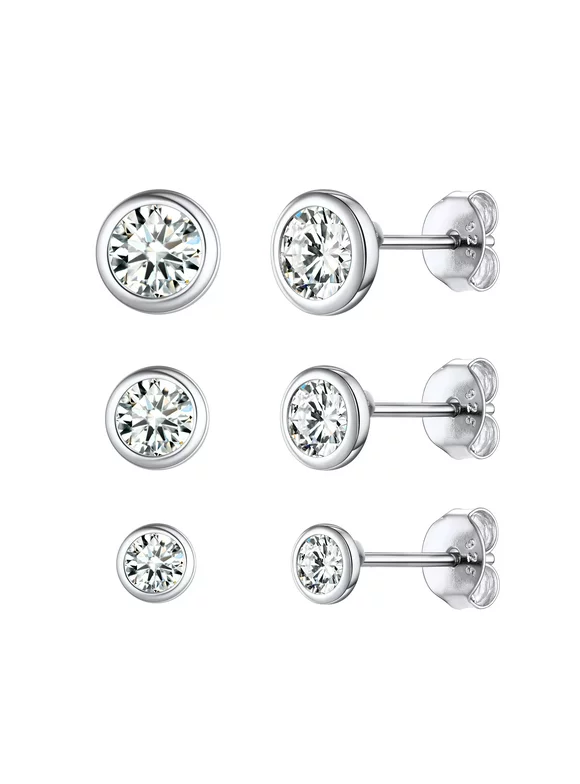 ChicSilver 3 Pairs Sterling Silver Stud Earrings for Women Men, 3/4/5MM Hypoallergenic Simulated Diamond Round Cubic Zirconia Ear Stud Set for Sensitive Ears, Silver