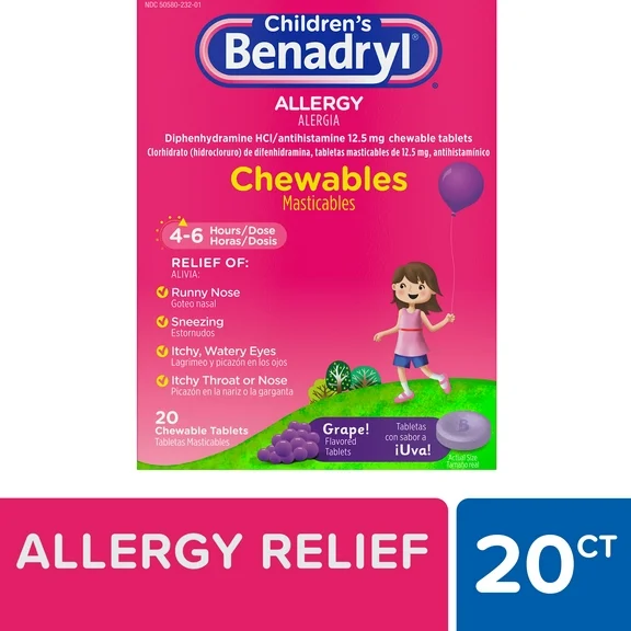 Children's Benadryl Allergy Relief Chewable Tablets, Grape, 20Ct