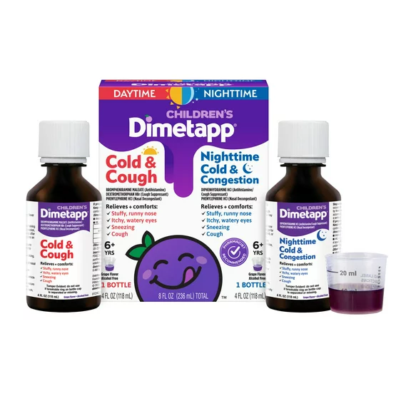 Children’s Dimetapp Day & Night, Cold & Cough, Nighttime Medicine, Antihistamine, Grape Flavor, Alcohol-Free, (2) 4 oz liquid Bottles