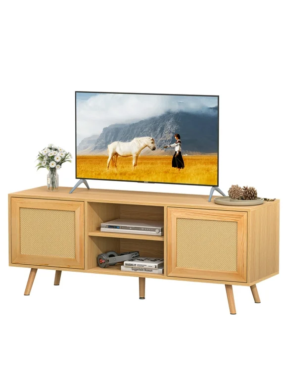 Clikuutory 60-inch Rattan TV Stand, Entertainment Center with Adjustable Shelves, Rattan TV Stand, Media Console, Solid Wood Legs, Natural