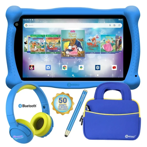 Contixo V10 7" Kids Tablet, Headphone and Tablet Bag Bundle, 32GB Storage, 50+ Disney eBooks, Shockproof Case w/ Kickstand and Stylus - Blue