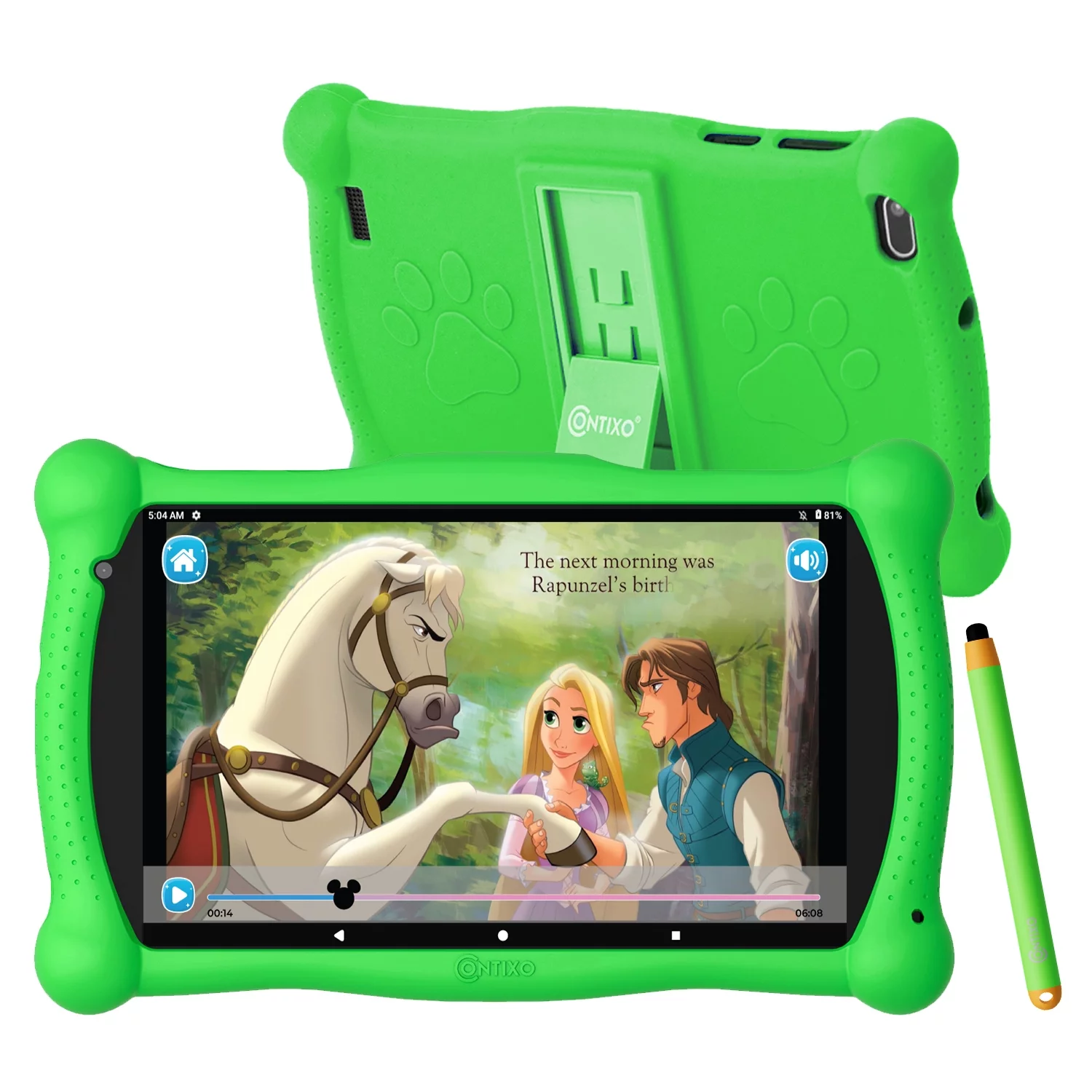 Contixo 7" Android Kids Tablet 32GB, Includes 50+ Disney Storybooks & Stickers, Protective Case with Kickstand & Stylus, (2023 Model) - Green
