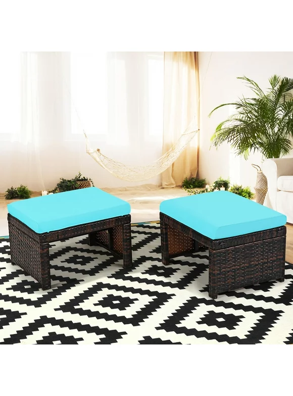 Costway 2PCS Patio Rattan Ottoman Cushioned Seat Foot Rest Furniture Turquoise