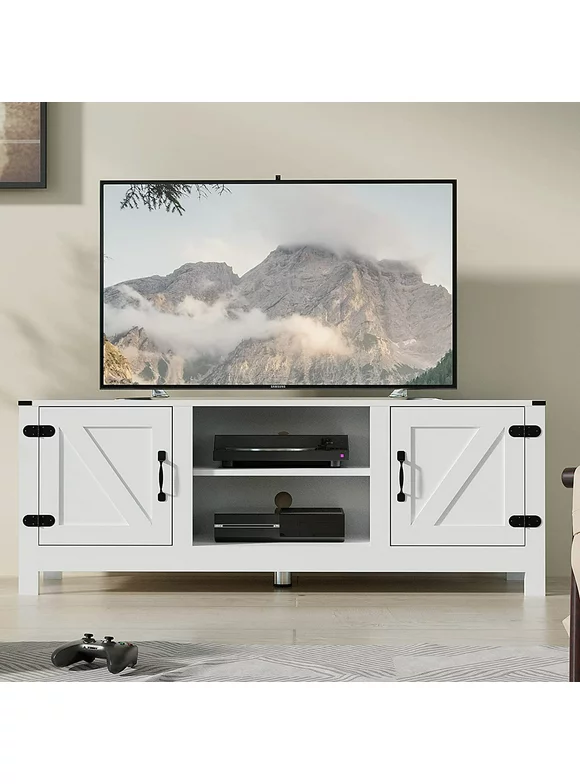 Cozy Castle Farmhouse Modern TV Stand for 55/60 inch TV, White TV Stand with Double Barn Doors, Entertainment Center, Flat Screen TV Console Media Cabinet for Living Room, Bedroom and Office, White