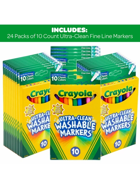 Crayola 10ct Ultra-Clean Washable Fine Line Markers, Assorted Colors, 24 Pack, Bulk School Supplies