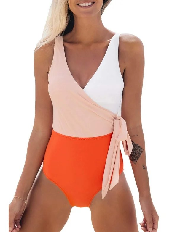 Cupshe Women's Orange Color Block One Piece Swimsuit Plunging Knotted Monokini