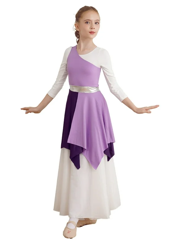 DPOIS Girls Liturgical Dancewear Worship Dance Dress Praise Dance Tunics Lavender 8