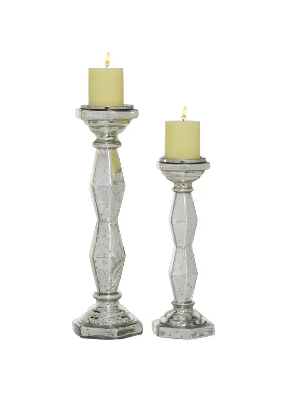 DecMode 2 Candle Silver Glass Candle Holder, Set of 2