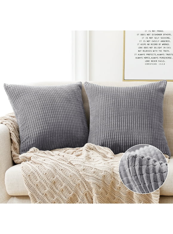 Deconovo Throw Pillow Covers with Stripes, Pack of 2, 22x22 inch, Decorative Corduroy Cushion Covers for Sofa, 22x22 in, Light Gray, Set of 2
