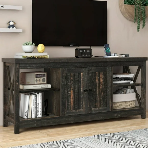 Dextrus Farmhouse TV Stand up to 65 Inches w/Power Outlets, Entertainment Center Cabinet with Storage for Living Room, Rustic Oak