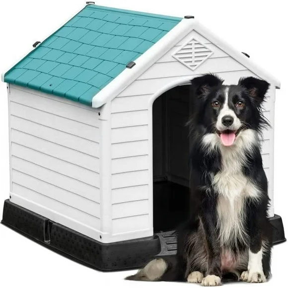 Dextrus Large Plastic Dog House, Water-Resistant Dog Puppy Shelter with Air Vents and Elevated Floor for Indoor and Outdoor Use,Spacious and Durable, (34.5''L x 30.9''W x 32''H,Blue)