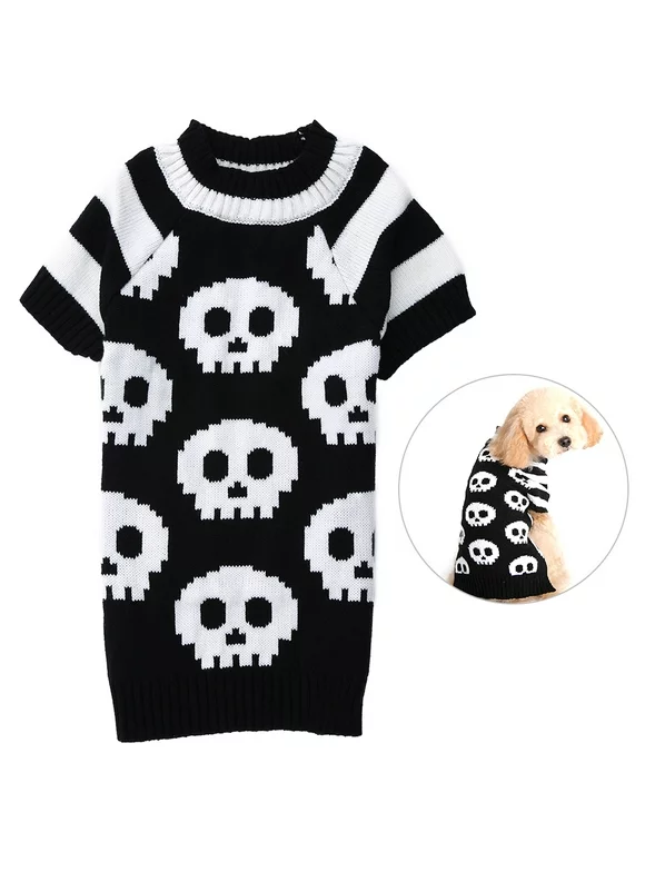 Dog Sweater-Petacc Dog Halloween Sweater Pet Holiday Clothes Dog Warm Knitwear with Skull Pattern, Suitable for Small Dogs, Black and White, L