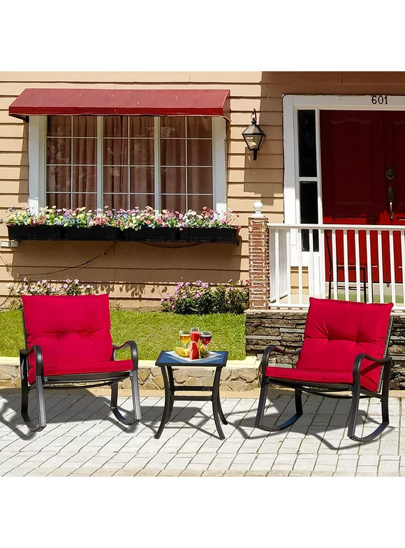 Domi Outdoor Living 3 Pieces Bistro Set Rocking Chairs Thickened Cushion and Glass Top Table (Red)