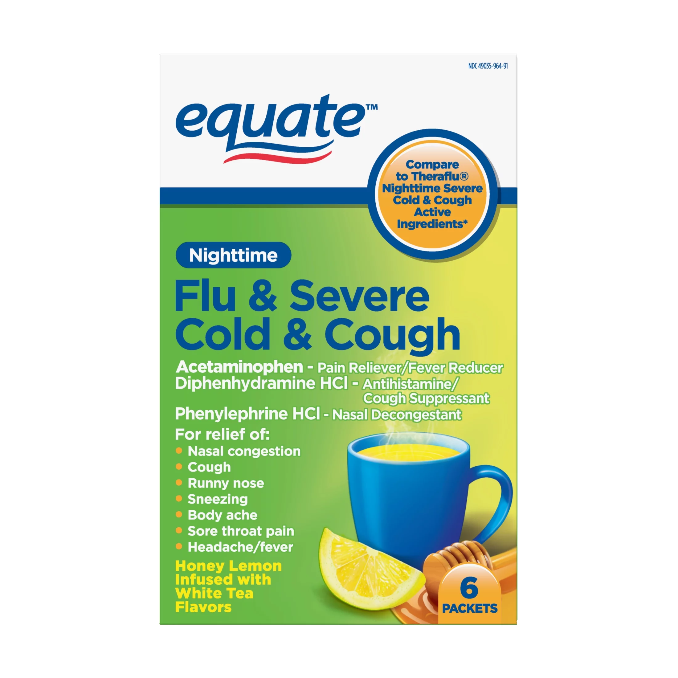 Severe Cold, Cough and Flu Powder, Nighttime Hot Liquid Therapy, 6 Count