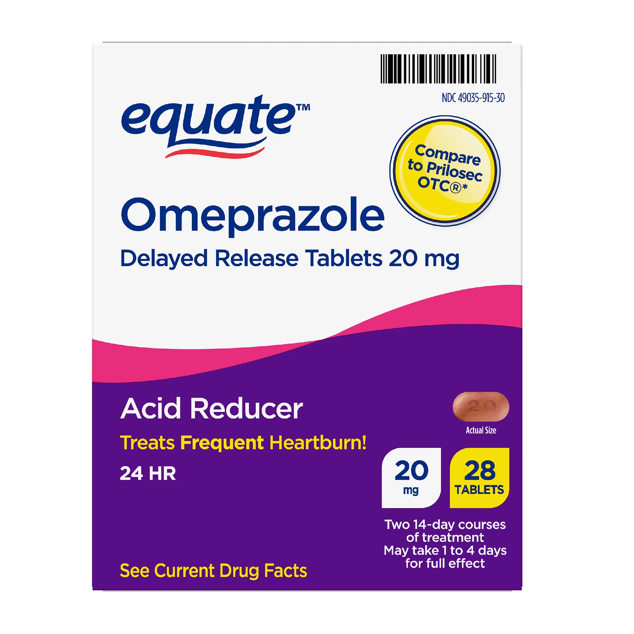 Equate Omeprazole Delayed Release Tablets 20 mg, Acid Reducer, Frequent Heartburn, 28 Count