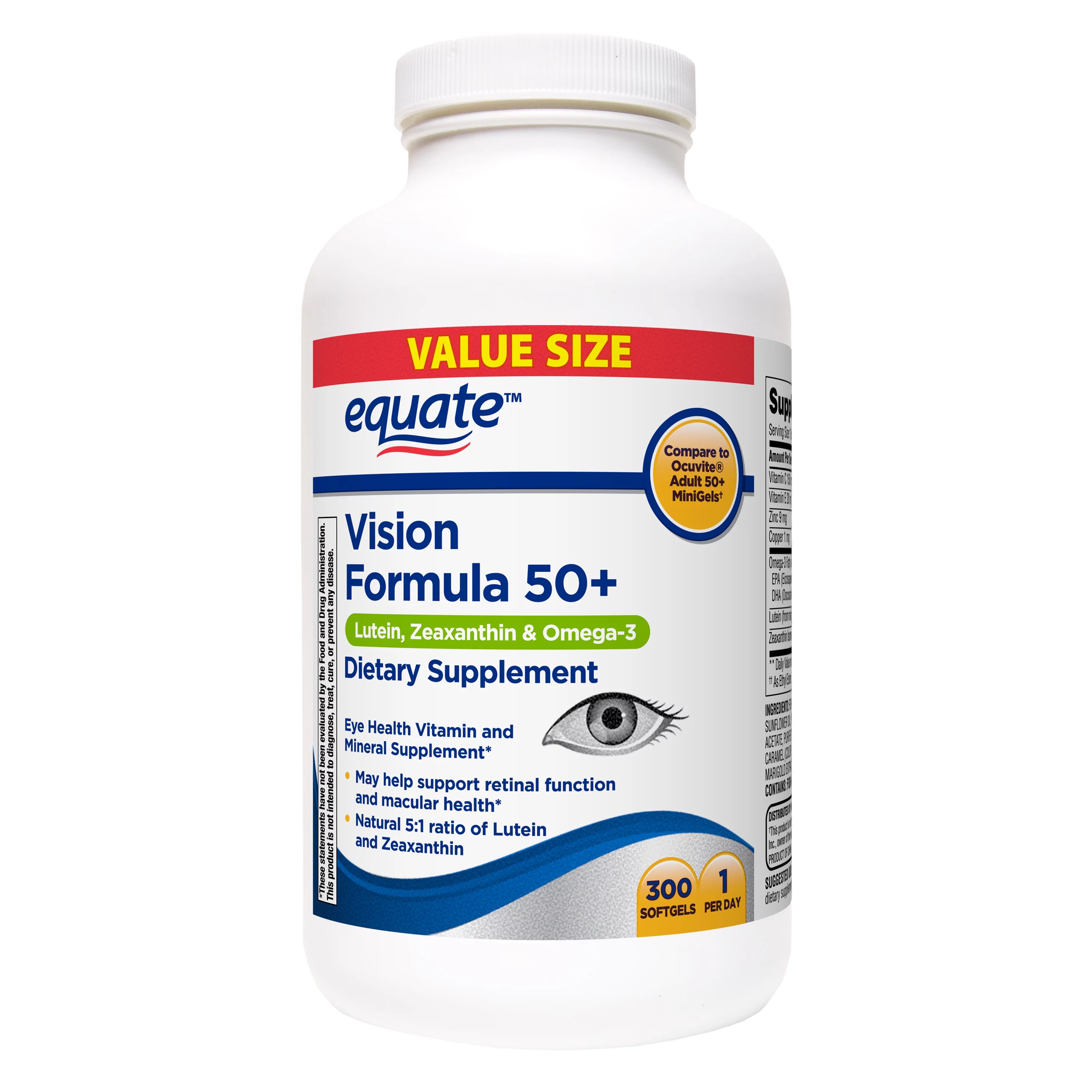 Equate Vision Formula 50+ Soft Gels Dietary Supplement Value Size, 300 Count
